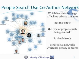 People	
  Search	
  Use	
  Co-­‐Author	
  Network	
  
47
Which	
  has	
  the	
  advantage	
  	
  
of	
  lacking	
  privacy	
  concerns	
  	
  
	
  
But	
  this	
  limits	
  
	
  
the	
  type	
  of	
  people	
  search	
  
being	
  studied,	
  
	
  
So	
  should	
  study	
  
	
  
other	
  social	
  networks	
  
which	
  has	
  privacy	
  concerns	
  
	
  
	
  	
  
 