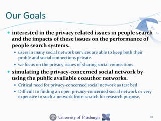 Our	
  Goals	
  
—  interested	
  in	
  the	
  privacy	
  related	
  issues	
  in	
  people	
  search	
  
and	
  the	
  impacts	
  of	
  these	
  issues	
  on	
  the	
  performance	
  of	
  
people	
  search	
  systems.	
  	
  
—  users	
  in	
  many	
  social	
  network	
  services	
  are	
  able	
  to	
  keep	
  both	
  their	
  
proﬁle	
  and	
  social	
  connections	
  private	
  
—  we	
  focus	
  on	
  the	
  privacy	
  issues	
  of	
  sharing	
  social	
  connections	
  
—  simulating	
  the	
  privacy-­‐concerned	
  social	
  network	
  by	
  
using	
  the	
  public	
  available	
  coauthor	
  networks.	
  
—  Critical	
  need	
  for	
  privacy-­‐concerned	
  social	
  network	
  as	
  test	
  bed	
  
—  Diﬃcult	
  to	
  ﬁnding	
  an	
  open	
  privacy-­‐concerned	
  social	
  network	
  or	
  very	
  
expensive	
  to	
  such	
  a	
  network	
  from	
  scratch	
  for	
  research	
  purpose,	
  	
  
48
 