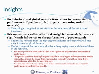 Insights	
  
—  Both	
  the	
  local	
  and	
  global	
  network	
  features	
  are	
  important	
  for	
  the	
  
performance	
  of	
  people	
  search	
  (compare	
  to	
  not	
  using	
  social	
  
network).	
  	
  
—  Comparing	
  to	
  the	
  global	
  network	
  feature,	
  the	
  local	
  network	
  feature	
  is	
  more	
  
important.	
  	
  
—  Privacy-­‐concerns	
  reﬂected	
  in	
  local	
  and	
  global	
  network	
  features	
  can	
  
signiﬁcantly	
  inﬂuences	
  on	
  the	
  performance	
  of	
  people	
  search	
  
—  The	
  privacy	
  concerns	
  from	
  the	
  high-­‐degree	
  candidates	
  in	
  the	
  network	
  will	
  have	
  
more	
  impacts	
  on	
  global	
  features.	
  	
  
—  The	
  local	
  network	
  feature	
  is	
  related	
  to	
  both	
  the	
  querying	
  users	
  and	
  the	
  candidates	
  
in	
  the	
  networks.	
  	
  
—  the	
  privacy	
  concerns	
  from	
  both	
  of	
  them	
  have	
  signiﬁcant	
  impact	
  on	
  the	
  people	
  search	
  
performance.	
  	
  
—  The	
  privacy	
  concerns	
  from	
  high-­‐degree	
  candidates	
  have	
  bigger	
  inﬂuences	
  on	
  the	
  people	
  
search	
  than	
  that	
  of	
  the	
  lower-­‐degree	
  candidates,	
  especially	
  when	
  those	
  high-­‐degree	
  
candidates	
  are	
  related	
  to	
  the	
  querying	
  user.	
  	
  
—  We	
  also	
  ﬁnd	
  that	
  if	
  the	
  querying	
  users	
  provide	
  more	
  social	
  connections,	
  the	
  search	
  
performance	
  would	
  increase	
  steadily.	
  
58
 