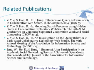 Related	
  Publica-ons	
  
—  Z.	
  Yue,	
  S.	
  Han,	
  D.	
  He.	
  J.	
  Jiang.	
  Inﬂuences	
  on	
  Query	
  Reformulation	
  
in	
  Collaborative	
  Web	
  Search.	
  IEEE	
  Compute,	
  2014	
  (3):46-­‐53.	
  
—  Z.	
  Yue,	
  S.	
  Han,	
  D.	
  He.	
  Modeling	
  Search	
  Processes	
  using	
  Hidden	
  
States	
  in	
  Collaborative	
  Exploratory	
  Web	
  Search.	
  The	
  17th	
  ACM	
  
Conference	
  on	
  Computer	
  Supported	
  Cooperative	
  Work	
  and	
  Social	
  
Computing	
  (CSCW	
  2014).	
  
—  Z.	
  Yue,	
  S.	
  Han,	
  D.	
  He.	
  An	
  Investigation	
  on	
  the	
  Query	
  Behavior	
  in	
  
Task-­‐based	
  Collaborative	
  Exploratory	
  Web	
  Search.	
  The	
  76th	
  
Annual	
  Meeting	
  of	
  the	
  Association	
  for	
  Information	
  Science	
  and	
  
Technology.	
  (ASIST	
  2013).	
  
—  Jeng,	
  W.,	
  He,	
  D.,	
  &	
  Jiang,	
  J.	
  (In	
  press).	
  User	
  Participation	
  in	
  an	
  
Academic	
  Social	
  Networking	
  Service:	
  A	
  Survey	
  of	
  Open	
  Group	
  
Users	
  on	
  Mendeley.	
  Journal	
  of	
  the	
  Association	
  for	
  Information	
  
Science	
  and	
  Technology.	
  
92
 