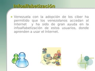 InfoalfabetizaciónInfoalfabetización
Venezuela con la adopción de los ciber ha
permitido que los venezolanos accedan al
Internet y ha sido de gran ayuda en la
infoalfabetización de estos usuarios, donde
aprenden a usar el Internet.
 