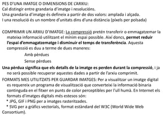 PES D’UNA IMATGE O DIMENSIONS DE L’ARXIU:Cal distingir entre grandariad’imatge i resolucións. Una grandariad’imatgeésdefineix a partir de dos valors: amplada i alçada. I una resolucióés un nombre d’unitatsdinsd’unadistància (píxels per polsada)COMPRIMIR UN ARXIU D’IMATGE: La compressió pretén transferir o emmagatzemar la mateixa informació utilitzant el mínim espai possible. Així doncs, permet reduir l’espai d’emmagatzematge i disminuir el temps de transferència. Aquesta compressió es duu a terme de dues maneres:Amb pèrduesSense pèrduesUna pèrdua significa que els detalls de la imatge es perden durant la compressió, i ja no serà possible recuperar aquestes dades a partir de l’arxiu comprimit.FORMATS MES UTILITZATS PER GUARDAR IMATGES: Per a visualitzar un imatge digital es requereix un programa de visualització que converteixi la informació binaria continguda en el fitxer en punts de color perceptibles per l'ull humà. En Internet els formats d'imatges digitals més estesos són:    * JPG, GIF i PNG per a imatges rasteritzades.    * SVG per a gràfics vectorials, format estàndard del W3C (WorldWide Web Consortium).