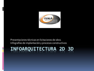 INFOARQUITECTURA 2D 3D
Presentaciones técnicas en licitaciones de obra.
Infografías de implantación y procesos constructivos
 