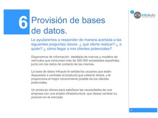 6   Provisión de bases
    de datos.
    Le ayudaremos a responder de manera acertada a las
    siguientes preguntas claves: ¿ qué oferta realizar? ¿ a
    quién? ¿ cómo llegar a mis clientes potenciales?

    Disponemos de información detallada de marcas y modelos de
    vehículos que consumen más de 300.000 sociedades españolas,
    junto con los datos de contacto de las mismas.

    La base de datos Infoauto le señala los usuarios que están
    dispuestos a contratar el producto que usted le ofrece, y le
    proporciona el mejor conocimiento posible de los clientes
    potenciales.

    Un producto idóneo para satisfacer las necesidades de una
    empresa con una amplia infraestructura, que desee cambiar su
    posición en el mercado.



                                                                   6
 