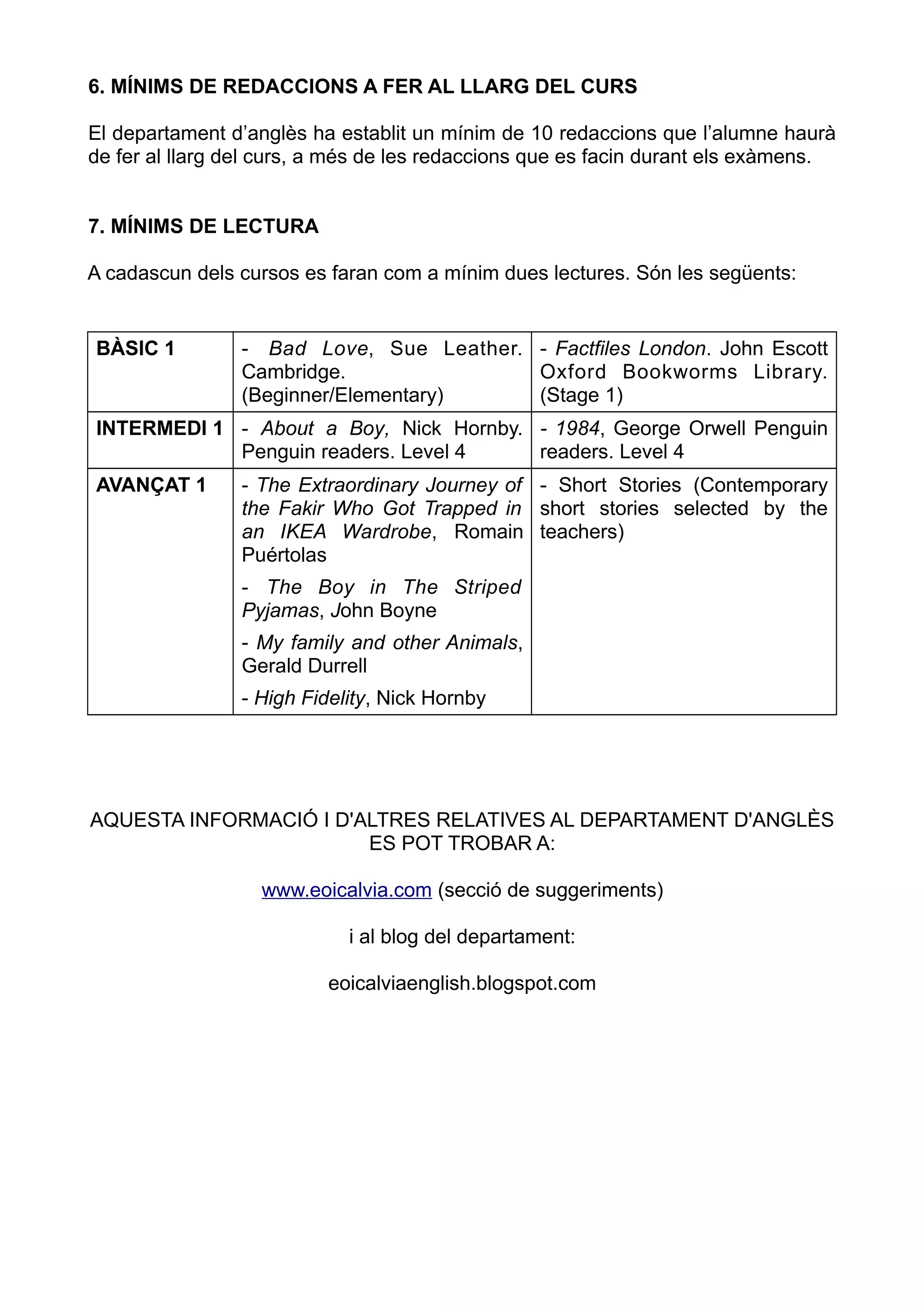 6. MÍNIMS DE REDACCIONS A FER AL LLARG DEL CURS 
El departament d’anglès ha establit un mínim de 10 redaccions que l’alumne haurà 
de fer al llarg del curs, a més de les redaccions que es facin durant els exàmens. 
7. MÍNIMS DE LECTURA 
A cadascun dels cursos es faran com a mínim dues lectures. Són les següents: 
BÀSIC 1 - Bad Love, Sue Leather. 
Cambridge. 
(Beginner/Elementary) 
- Factfiles London. John Escott 
Oxford Bookworms Library. 
(Stage 1) 
INTERMEDI 1 - About a Boy, Nick Hornby. 
Penguin readers. Level 4 
- 1984, George Orwell Penguin 
readers. Level 4 
AVANÇAT 1 - The Extraordinary Journey of 
the Fakir Who Got Trapped in 
an IKEA Wardrobe, Romain 
Puértolas 
- The Boy in The Striped 
Pyjamas, John Boyne 
- My family and other Animals, 
Gerald Durrell 
- High Fidelity, Nick Hornby 
- Short Stories (Contemporary 
short stories selected by the 
teachers) 
AQUESTA INFORMACIÓ I D'ALTRES RELATIVES AL DEPARTAMENT D'ANGLÈS 
ES POT TROBAR A: 
www.eoicalvia.com (secció de suggeriments) 
i al blog del departament: 
eoicalviaenglish.blogspot.com 
