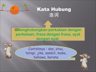 Kata Hubung
                连词


 Menghubungkan perkataan dengan
perkataan, frasa dengan frasa, ayat
           dengan ayat.

       Contohnya : dan, atau,
     tetapi, jika, sambil, maka,
          bahawa, kerana
 
