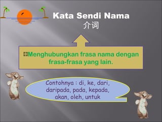 Kata Sendi Nama
             介词


Menghubungkan frasa nama dengan
     frasa-frasa yang lain.


     Contohnya : di, ke, dari,
     daripada, pada, kepada,
        akan, oleh, untuk
 