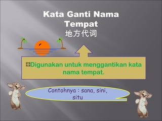 Kata Ganti Nama
       Tempat
       地方代词


Digunakan untuk menggantikan kata
         nama tempat.

     Contohnya : sana, sini,
             situ
 