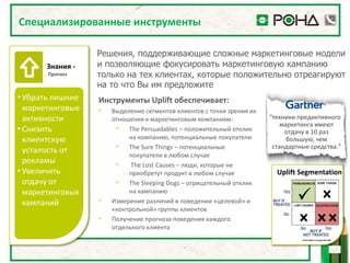 Специализированные инструменты

                  Решения, поддерживающие сложные маркетинговые модели
       Знания -   и позволяющие фокусировать маркетинговую кампанию
       Прогноз    только на тех клиентах, которые положительно отреагируют
                  на то что Вы им предложите
• Убрать лишние   Инструменты Uplift обеспечивает:
  маркетинговые   •   Выделение сегментов клиентов с точки зрения их
  активности          отношения к маркетинговым компаниям:             “техники предиктивного
                                                                           маркетинга имеют
• Снизить              • The Persuadables – положительный отклик            отдачу в 10 раз
  клиентскую               на компанию, потенциальные покупатели             большую, чем
  усталость от         • The Sure Things – потенциальные                стандартные средства.”
                           покупатели в любом случае
  рекламы              • The Lost Causes – люди, которые не
• Увеличить                приобретут продукт в любом случае             Uplift Segmentation
  отдачу от            • The Sleeping Dogs – отрицательный отклик
  маркетинговых            на кампанию
  кампаний        •   Измерение различий в поведении «целевой» и
                      «контрольной» группы клиентов
                  •   Получение прогноза поведения каждого
                      отдельного клиента
 