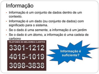 Informação
• Informação é um conjunto de dados dentro de um
contexto.
• Informação é um dado (ou conjunto de dados) com
significado para o sistema.
• Se o dado é uma semente, a informação é um jardim
• Se o dado é um átomo, a informação é uma cadeia de
carbono
TELEFONES DO MELHORES CLIENTES
Informação é
suficiente?
 