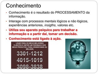 Conhecimento
• Conhecimento é o resultado do PROCESSAMENTO da
informação.
• Interage com processos mentais lógicos e não lógicos,
experiências anteriores, insigths, valores etc.
• Utiliza seu aparato psíquico para trabalhar a
informação e a partir daí, tomar um decisão.
• Conhecimento está ligado à ação.
LIGAR PARA OS MEUS MELHORES
CLIENTES E OBTER UM FEEDBACK DOS
MEUS PRODUTOS ( PARA VENDER MAIS OU
MELHOR)
 
