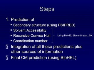 Steps Prediction of Secondary structure (using PSIPRED) Solvent Accessibility Recursive Convex Hull Coordination number Integration of all these predictions plus other sources of information Final CM prediction (using BioHEL) Using BioHEL [Bacardit et al., 09] 