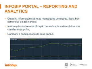 INFOBIP PORTAL – REPORTING AND
ANALYTICS
• Obtenha informação sobre as mensagens entregues, lidas, bem
como total de assinantes;
• Informações sobre a localização de assinante e descobrir o seu
canal mais popular;
• Compare a popularidade de seus canais.
 