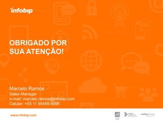www.infobip.com
Marcelo Ramos
Sales Manager
e-mail: marcelo.ramos@infobip.com
Celular: +55 11 95489-9996
OBRIGADO POR
SUA ATENÇÃO!
 
