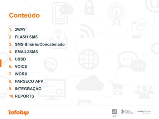 Conteúdo
1. 2WAY
2. FLASH SMS
3. SMS Binário/Concatenado
4. EMAIL2SMS
5. USSD
6. VOICE
7. WORX
8. PARSECO APP
9. INTEGRAÇÃO
10.REPORTS
 