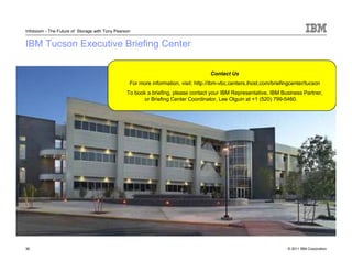 Infoboom - The Future of Storage with Tony Pearson


IBM Tucson Executive Briefing Center

                                                                                    Contact Us
                                                 For more information, visit: http://ibm-vbc.centers.ihost.com/briefingcenter/tucson
                                                To book a briefing, please contact your IBM Representative, IBM Business Partner,
                                                      or Briefing Center Coordinator, Lee Olguin at +1 (520) 799-5460.




36                                                                                                                   © 2011 IBM Corporation
 
