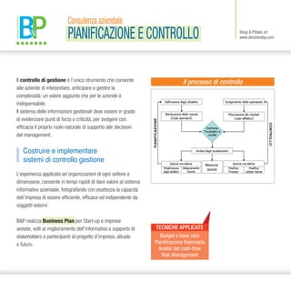 Brogi & Pittalis srl
www.direzionebp.com
Il processo di controllo
Costruire e implementare
sistemi di controllo gestione
TECNICHE APPLICATE
Budget a base zero
Pianificazione finanziaria
Analisi del cash-flow
Risk Management
Consulenza aziendale
PIANIFICAZIONE E CONTROLLO
Il controllo di gestione è l’unico strumento che consente
alle aziende di interpretare, anticipare e gestire la
complessità: un valore aggiunto che per le aziende è
indispensabile.
Il sistema delle informazioni gestionali deve essere in grado
di evidenziare punti di forza o criticità, per svolgere con
efficacia il proprio ruolo naturale di supporto alle decisioni
del management.
L’esperienza applicata ad organizzazioni di ogni settore e
dimensione, consente in tempi rapidi di dare valore al sistema
informativo aziendale, fotografando con esattezza la capacità
dell’impresa di essere efficiente, efficace ed indipendente da
soggetti esterni.
B&P realizza Business Plan per Start-up e imprese
avviate, volti al miglioramento dell’informativa a supporto di
stakeholders e partecipanti al progetto d’impresa, attuale
e futuro.
 