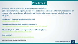 Precificação
Podemos utilizar tabelas das associações como referência.
Como é difícil praticar alguns valores, você pode enviar a tabela e informar um desconto em cima do valor cheio.
Com a referência, seu cliente sabe o quanto custa o trabalho de um designer.
Tabela Sinapro
http://sinaprosp.org.br/tabela_custos_internos.php
Tabela Ampro – Associação de Marketing Promocional
http://ampro.com.br/valores
Tabela Adegraf – Associação dos Designers Gráficos do DF
http://www.adegraf.org.br/downloads/tabela_valores_2013_2015_web.pdf
Tabela de Criação da ABEMD – Associação Brasileira de Marketing Direto
http://www.abemd.org.br/diretrizes/criacao.html
Como precificar?
http://chocoladesign.com/tabela-de-precos-de-design
ADG – Associação dos Designers Gráficos
 