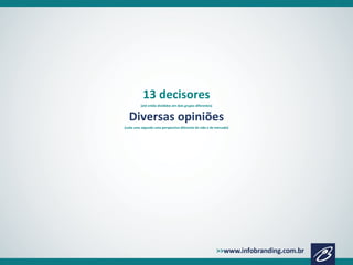 13 decisores
(até então divididos em dois grupos diferentes)
Diversas opiniões
(cada uma segundo uma perspectiva diferente de vida e de mercado)
 