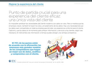 Un Infobrief de IDC, patrocinado por SAP
pág. 12
Mejorar la experiencia del cliente
El imperativo competitivo para pequeñas y medianas empresas de todo el mundo
Encuesta mundial de SAP, “Know your customer: the true power of Omnichannel”, 3er. trim. de 2015, n=906.
Es imposible satisfacer las necesidades del cliente moderno con datos en silos. Pero a medida que las
empresas crecen, también lo hacen los silos y el aislamiento de los datos. Hay una necesidad de que
los datos sean compartidos en toda la empresa para brindar una experiencia uniforme para el cliente.
Capture y use los datos en el momento para ofrecer información y servicios a los clientes, según sea
necesario. El intercambio de información a tiempo puede otorgar una ventaja competitiva.
Punto de partida crucial para una
experiencia del cliente eficaz:
una única vista del cliente
El 73% de las pymes están
de acuerdo con la afirmación: las
amenazas más grandes vendrán
de los competidores que hagan
un mejor uso de datos, analítica
y compromiso con el cliente.
 