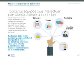 Un Infobrief de IDC, patrocinado por SAP
pág. 14
Mejorar la experiencia del cliente
El imperativo competitivo para pequeñas y medianas empresas de todo el mundo
Impulsar experiencias del
cliente eficaces es una tarea
de toda la organización.
IDC tiene recomendaciones
para cada área funcional
o línea de negocio (LOB) que
pueden ser implementadas
rápidamente en coordinación
con otras.
Todos los equipos que interactúan
con clientes tienen una función
Servicio
al cliente
Ventas
Comercio Marketing
Cada área debe tener
equidad y responsabilidad:
comparta la tarea
de construir una única
visión del cliente
y benefíciese con
la consecuente mejora
en el rendimiento.
 