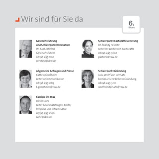 Wir sind für Sie da                                          6.
                                                             Stock




    Geschäftsführung                 Schwerpunkt Fachkräftesicherung
    und Schwerpunkt Innovation       Dr. Mandy Pastohr
    W. Axel Zehrfeld                 Leiterin Fachbereich Fachkräfte
    Geschäftsführer                  06196 495-3200
    06196 495-1100                   pastohr@rkw.de
    zehrfeld@rkw.de


    Allgemeine Anfragen und Presse   Schwerpunkt Gründung
    Kathrin Großheim                 Julia Wolff von der Sahl
    Leiterin Kommunikation           komissarische Leiterin Gründung
    06196 495-2813                   06196 495-3210
    k.grossheim@rkw.de               wolffvondersahl@rkw.de


    Karriere im RKW
    Oliver Conz
    Leiter Grundsatzfragen, Recht,
    Personal und Infrastruktur
    06196 495-2100
    conz@rkw.de
 