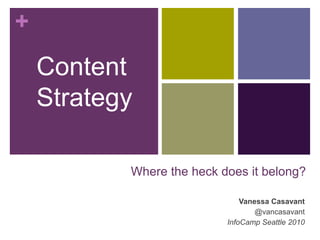 Content Strategy Where the heck does it belong? Vanessa Casavant @vancasavant InfoCamp Seattle 2010 