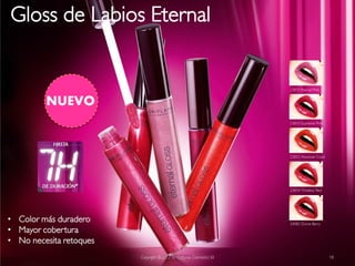 Gloss de Labios Eternal


                                                                    23831 Eternal Pink


         NUEVO
                                                                    23832 Supreme Pink




                                                                    23833 Absolute Coral




                                                                    23834 Timeless Red




• Color más duradero                                                24085 Divine Berry
• Mayor cobertura
• No necesita retoques
                         Copyright ©2012 by Oriflame Cosmetics SA                          18
 