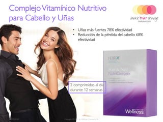 Complejo Vitamínico Nutritivo
para Cabello y Uñas
                         • Uñas más fuertes 78% efectividad
                         • Reducción de la pérdida del cabello 68%
                           efectividad




                      2 comprimidos al día
                      durante 12 semanas




2011-09-27      Copyright ©2011 by Oriflame Cosmetics SA             20
 