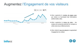 Augmentez l’Engagement de vos visiteurs
● infocc augmente le nombre de pages vues
par visiteur en fournissant des informations
additionnelles utiles.
● infocc augmente le temps de visite – les
moteurs de recherche prennent en compte ce
critère dans leurs référencements
● infocc réduit le taux de rebond en augmentant
l’engagement du visiteur
 