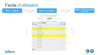 Facile d’utilisation
Étape 2 - InstallationÉtape 2 - Installation
Étape 3 - Sélectionnez les
mots clés
Étape 3 - Sélectionnez les
mots clés
Étape 1 - RéglageÉtape 1 - Réglage
 