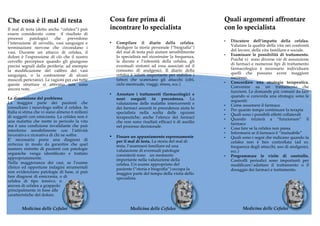 “Cras 
sollicitudin sem 
nec ipsum.” 
Che cosa è il mal di testa 
Il mal di testa (detto anche “cefalea”) può 
essere considerato come il risultato di 
processi patologici che prevedono 
l’interazione di cervello, vasi sanguigni e 
terminazioni nervose che circondano i 
vasi. Durante un attacco di cefalea, il 
dolore è l’espressione di ciò che il nostro 
cervello percepisce quando gli giungono 
precisi segnali dalla periferia: ad esempio 
la modificazione del calibro dei vasi 
sanguigni, o la contrazione di alcuni 
muscoli pericranici. Le ragioni per cui tutte 
queste strutture si attivano non sono 
ancora note. 
La dimensione del problema 
La maggior parte dei pazienti che 
consultano i neurologo soffre d cefalea. In 
Italia si stima che vi siano almeno 6 milioni 
di soggetti con emicrania. La cefalea non è 
una malattia che mette in pericolo la vita 
ma è una condizione invalidante che può 
interferire sensibilmente con l’attività 
lavorativa e ricreativa di chi ne soffre. 
E’ necessario porre una diagnosi di 
certezza in modo da garantire che quel 
numero ristretto di pazienti con patologie 
organiche venga identificato e trattato 
appropriatamente. 
Nella maggioranza dei casi, se l’esame 
clinico ed opportune indagini strumentali 
non evidenziano patologie di base, si può 
fare diagnosi di emicrania, o di 
cefalea di tipo tensivo, o 
ancora di cefalea a grappolo 
principalmente in base alle 
caratteristiche del dolore. 
Cosa fare prima di 
incontrare lo specialista 
• Compilare il diario della cefalea. 
Redigere la storia personale (“biografia”) 
del mal di testa può aiutare sensibilmente 
lo specialista nel ricostruire la frequenza, 
la durata e l’intensità della cefalea, gli 
eventuali sintomi ad essa associati ed il 
consumo di analgesici. Il diario della 
cefalea è infatti importante per stabilire i 
fattori che scatenano gli attacchi (cibi, 
ciclo mestruale, viaggi, stress, ecc.) 
• Annotare i trattamenti (farmacologici e 
non) eseguiti in precedenza. La 
valutazione delle malattie intercorrenti e 
dei farmaci assunti in precedenza aiuta lo 
specialista nella scelta delle opzioni 
terapeutiche; anche l’elenco dei farmaci 
che non sono risultati efficaci è di ausilio 
nel processo decisionale. 
pieghevole cefalee diario:Layout 1 17-01-2012 18:04 Pagina 1 
• Fissare un appuntamento espressamente 
per il mal di testa. La storia del mal di 
testa, l’anamnesi familiare ed una 
valutazione di eventuali patologie 
coesistenti sono un momento 
importante nella valutazione della 
cefalea. Un esame appropriato del 
paziente (“storia e biografia”) occupa la 
maggior parte del tempo della visita dello 
specialista. 
Quali argomenti affrontare 
con lo specialista 
• Discutere dell’impatto della cefalea. 
Valutare la qualità della vita nei confronti 
del lavoro, della vita familiare e sociale. 
• Esaminare le possibilità di trattamento. 
Poiché vi sono diverse vie di assunzione 
di farmaci e numerosi tipi di trattamento 
farmacologico è necessario individuare 
quelli che possano avere maggiore 
successo. 
• Concordare una strategia terapeutica. 
Convenire su un trattamento che 
funzioni. Le domande più comuni da fare 
quando si concorda una strategia sono le 
seguenti: 
• Come assumere il farmaco 
• Per quanto tempo continuare la terapia 
• Quali sono i possibili effetti collaterali 
• Quando inizierà a “funzionare” il 
farmaco 
• Cosa fare se la cefalea non passa 
• Informarsi se il farmaco è “mutuabile” 
• Quali sono i segni che indicano quando la 
cefalea non è ben controllata (ad es. 
frequenza degli attacchi, uso di analgesici, 
ecc.) 
U.O. diNeurologia 
Responsabile: Prof. F.Antonaci 
Diario dellaCefalea 
• Programmare le visite di controllo. 
Controlli periodici sono importanti per 
modificare/adattare il trattamento o il 
dosaggio dei farmaci e trattamento. 
pieghevole cefalee diario:Layout 1 17-01-2012 18:04 Pagina 1 
U.O. diNeurologia 
Responsabile: Prof. F.Antonaci 
Diario dellaCefalea 
! 
cefalea è importante dal punto di vista dia-gnostico. 
regola generale tenga conto che una cefalea 
impedisce di svolgere le sue normali attività, una 
formamoderata potrà limitarla nelle sue attività,ma non in 
completa,mentre una cefalea severa le impedirà lo 
qualsiasi attività. Cerchi di dare un’indica-zione 
se, ad esempio la sua cefalea è stata lieve per 
e intensa per la rimanente metà, annerisca il 
corrispondente all’intensità moderata, anneri-sca 
casella corrispondente a “severa” se la cefalea 
intensità per gran parte della giornata. 
casella del “no” se non ha avuto nausea nel 
giornata, annerisca invece la casella “lieve” se ha 
ma non ne eramolto infastidito e non ha avuto 
vomito. Negli altri casi, annerisca la casella corri-spondente 
intensa”. 
riferisce a condizioni di normale illuminazione, 
all’esposizione a luce intensa. Annerisca la casella corri-spondente 
si” se la luce le dava fastidio o se ha cercato di 
abbassando l’illuminazione o indossando occhiali da 
contrario annerisca la casella del “no”. 
riferisce a condizioni di rumorosità normale , 
particolarmente intensi. Annerisca la casella cor-rispondente 
si” se il rumore le dava fastidio o se ha cercato 
in un ambiente silenzioso. In caso contrario an-nerisca 
casella del “no”. 
qualunque cosa lei ritenga possa averle causato 
cefalea. Potrebbe trattarsi di un alimento o una 
oppure di qualche cosa che lei ha fatto (salto di un 
è successa (cambiamento del tempo). 
nome (o i nomi) e il quantitativo di compresse, 
Centro Medicina delle Cefalee 
Gruppo Policlinico di Monza 
Cognome e Nome _____________________________ 
Data di nascita: _______________________________ 
policlinicodimonza.it 
medicinadellecefalee.it 
U.O. diNeurologia 
Responsabile: Prof. F.Antonaci 
Diario dellaCefalea 
! 
Istruzioni per la compilazione 
Domande: 
1 Inserisca solo la data delmese (ad esempio 12), non ilmese o 
l’anno. 
2 Annerisca la casella corrispondente al “si” o al “no”, poi pro-segua 
con le domande successive, oppure, se non ha avuto ce-falea, 
passi direttamente alla domanda 15. 
3 Indichi l’ora a cui ha capito che le stava iniziando un attacco 
di cefalea. Se la cefalea era già presente al risveglio, indichi 
qui l’ora a cui si è svegliato. Se invece la cefalea prosegue dal 
giorno precedente inserisca una croce in questo spazio. 
4 Indichi l’ora in cui la cefalea è scomparsa. Se quando si corica 
ha ancora cefalea, lasci lo spazio in bianco fino almattino suc-cessivo. 
Se al risveglio il dolore scomparso, inserisca l’ora in 
cui si è coricato; se al contrario è ancora presente al mattino, 
inserisca una croce in questo spazio e una nello spazio corri-spondente 
alla domanda 3 del giorno successivo. 
5 Alcuni individui presentano disturbi della vista nell’ora prece-dente 
la cefalea.Di solito si tratta di luci lampeggianti o a forma 
di zig-zag, che sono visibili anche ad occhi chiusi. In altri casi si 
tratta dimacchie nere o bianche nel campo visivo.Annerisca la 
casella del “si” se ha avuto tali disturbi. Se è invece stato solo in-fastidito 
dalla luce, annerisca la casella corrispondente al “no”. 
6 Annerisca la casella che indica se il dolore è rimasto preva-lentemente 
localizzato da una parte sola del capo oppure ha 
interessato entrambi i lati. 
7 Ci sono vari aggettivi per definire il tipo di dolore, ma nella 
maggior parte dei casi si tratta di una forma pulsante (che 
batte come il cuore) oppure gravativa (come una fascia stretta 
intorno al capo). Annerisca la casella che meglio descrive il 
dolore che lei prova. 
9 L’intensità della cefalea è importante dal punto di vista dia-gnostico. 
Come regola generale tenga conto che una cefalea 
lieve non le impedisce di svolgere le sue normali attività, una 
formamoderata potrà limitarla nelle sue attività,ma non in 
maniera completa,mentre una cefalea severa le impedirà lo 
svolgimento di qualsiasi attività. Cerchi di dare un’indica-zione 
globale; se, ad esempio la sua cefalea è stata lieve per 
metà giornata e intensa per la rimanente metà, annerisca il 
quadratino corrispondente all’intensità moderata, anneri-sca 
invece la casella corrispondente a “severa” se la cefalea 
è stata di forte intensità per gran parte della giornata. 
10-11 Annerisca la casella del “no” se non ha avuto nausea nel 
corso della giornata, annerisca invece la casella “lieve” se ha 
avuto nausea,ma non ne eramolto infastidito e non ha avuto 
conati di vomito. Negli altri casi, annerisca la casella corri-spondente 
a “intensa”. 
12 La domanda si riferisce a condizioni di normale illuminazione, 
non all’esposizione a luce intensa. Annerisca la casella corri-spondente 
al “si” se la luce le dava fastidio o se ha cercato di 
evitarla abbassando l’illuminazione o indossando occhiali da 
sole. In caso contrario annerisca la casella del “no”. 
13 La domanda si riferisce a condizioni di rumorosità normale , 
non a suoni particolarmente intensi. Annerisca la casella cor-rispondente 
al “si” se il rumore le dava fastidio o se ha cercato 
di rifugiandosi in un ambiente silenzioso. In caso contrario an-nerisca 
la casella del “no”. 
14 Scriva qui qualunque cosa lei ritenga possa averle causato 
l’attacco di cefalea. Potrebbe trattarsi di un alimento o una 
bevanda, oppure di qualche cosa che lei ha fatto (salto di un 
pasto) o che le è successa (cambiamento del tempo). 
15 Indichi qui il nome (o i nomi) e il quantitativo di compresse, 
Centro Medicina delle Cefalee 
Gruppo Policlinico di Monza 
Cognome e Nome _____________________________ 
Data di nascita: _______________________________ 
Info: 
e-mail: info@policlinicodimonza.it 
Web:www.medicinadellecefalee.it 
! 
Istruzioni per la compilazione 
Domande: 
1 Inserisca solo la data delmese (ad esempio 12), non ilmese o 
l’anno. 
2 Annerisca la casella corrispondente al “si” o al “no”, poi pro-segua 
con le domande successive, oppure, se non ha avuto ce-falea, 
passi direttamente alla domanda 15. 
3 Indichi l’ora a cui ha capito che le stava iniziando un attacco 
di cefalea. Se la cefalea era già presente al risveglio, indichi 
qui l’ora a cui si è svegliato. Se invece la cefalea prosegue dal 
giorno precedente inserisca una croce in questo spazio. 
4 Indichi l’ora in cui la cefalea è scomparsa. Se quando si corica 
ha ancora cefalea, lasci lo spazio in bianco fino almattino suc-cessivo. 
Se al risveglio il dolore scomparso, inserisca l’ora in 
cui si è coricato; se al contrario è ancora presente al mattino, 
inserisca una croce in questo spazio e una nello spazio corri-spondente 
alla domanda 3 del giorno successivo. 
5 Alcuni individui presentano disturbi della vista nell’ora prece-dente 
la cefalea.Di solito si tratta di luci lampeggianti o a forma 
di zig-zag, che sono visibili anche ad occhi chiusi. In altri casi si 
tratta dimacchie nere o bianche nel campo visivo.Annerisca la 
casella del “si” se ha avuto tali disturbi. Se è invece stato solo in-fastidito 
dalla luce, annerisca la casella corrispondente al “no”. 
6 Annerisca la casella che indica se il dolore è rimasto preva-lentemente 
localizzato da una parte sola del capo oppure ha 
interessato entrambi i lati. 
7 Ci sono vari aggettivi per definire il tipo di dolore, ma nella 
maggior parte dei casi si tratta di una forma pulsante (che 
batte come il cuore) oppure gravativa (come una fascia stretta 
intorno al capo). Annerisca la casella che meglio descrive il 
dolore che lei prova. 
9 L’intensità della cefalea è importante dal punto di vista dia-gnostico. 
Come regola generale tenga conto che una cefalea 
lieve non le impedisce di svolgere le sue normali attività, una 
formamoderata potrà limitarla nelle sue attività,ma non in 
maniera completa,mentre una cefalea severa le impedirà lo 
svolgimento di qualsiasi attività. Cerchi di dare un’indica-zione 
globale; se, ad esempio la sua cefalea è stata lieve per 
metà giornata e intensa per la rimanente metà, annerisca il 
quadratino corrispondente all’intensità moderata, anneri-sca 
invece la casella corrispondente a “severa” se la cefalea 
è stata di forte intensità per gran parte della giornata. 
10-11 Annerisca la casella del “no” se non ha avuto nausea nel 
corso della giornata, annerisca invece la casella “lieve” se ha 
avuto nausea,ma non ne eramolto infastidito e non ha avuto 
conati di vomito. Negli altri casi, annerisca la casella corri-spondente 
a “intensa”. 
12 La domanda si riferisce a condizioni di normale illuminazione, 
non all’esposizione a luce intensa. Annerisca la casella corri-spondente 
al “si” se la luce le dava fastidio o se ha cercato di 
evitarla abbassando l’illuminazione o indossando occhiali da 
sole. In caso contrario annerisca la casella del “no”. 
13 La domanda si riferisce a condizioni di rumorosità normale , 
non a suoni particolarmente intensi. Annerisca la casella cor-rispondente 
al “si” se il rumore le dava fastidio o se ha cercato 
di rifugiandosi in un ambiente silenzioso. In caso contrario an-nerisca 
la casella del “no”. 
14 Scriva qui qualunque cosa lei ritenga possa averle causato 
l’attacco di cefalea. Potrebbe trattarsi di un alimento o una 
bevanda, oppure di qualche cosa che lei ha fatto (salto di un 
pasto) o che le è successa (cambiamento del tempo). 
15 Indichi qui il nome (o i nomi) e il quantitativo di compresse, 
Centro Medicina delle Cefalee 
Gruppo Policlinico di Monza 
Cognome e Nome _____________________________ 
Data di nascita: _______________________________ 
Info: 
e-mail: info@policlinicodimonza.it 
Web:www.medicinadellecefalee.it 
Medicina delle Cefalee Medicina delle Cefalee Medicina delle Cefalee 
