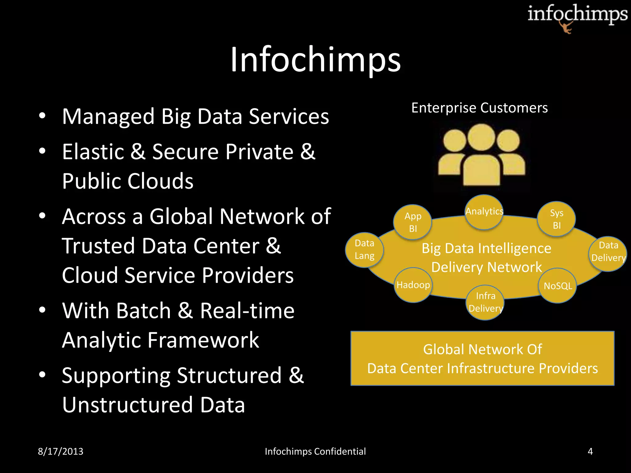 Infochimps
• Managed Big Data Services
• Elastic & Secure Private &
Public Clouds
• Across a Global Network of
Trusted Data Center &
Cloud Service Providers
• With Batch & Real-time
Analytic Framework
• Supporting Structured &
Unstructured Data
Big Data Intelligence
Delivery Network
Global Network Of
Data Center Infrastructure Providers
Enterprise Customers
Hadoop NoSQL
Data
Delivery
Data
Lang
App
BI
Analytics Sys
BI
Infra
Delivery
8/17/2013 4Infochimps Confidential
 