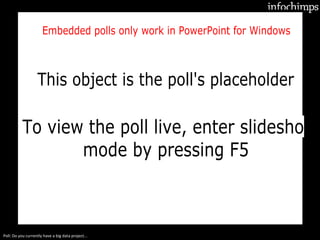 Poll: Do you currently have a big data project...
To view the poll live, enter slideshow
This object is the poll's placeholder
mode by pressing F5
Embedded polls only work in PowerPoint for Windows
 