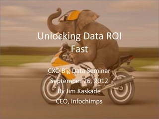 Unlocking Data ROI
Fast
CXO Big Data Seminar
September 26, 2012
By Jim Kaskade
CEO, Infochimps
 