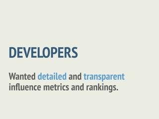 DEVELOPERS
Wanted detailed and transparent
inﬂuence metrics and rankings.
 