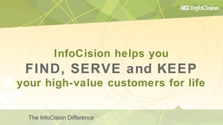 InfoCision helps you

FIND, SERVE and KEEP
your high-value customers for life
The InfoCision Difference

 