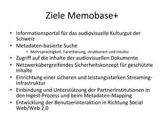 Ziele Memobase+ Informationsportal für das audiovisuelle Kulturgut der Schweiz Metadaten-basierte Suche Mehrsprachigkeit, Facettierung, strukturiert und intuitiv Zugriff auf die Inhalte der audiovisuellen Dokumente  Netzwerkübergreifendes Sicherheitskonzept für geschützte Inhalte Einrichtung einer sicheren und leistungsstarken Streaming-Infrastruktur Einbindung und Unterstützung der Partnerinstitutionen in den Ingest-Prozess und beim Metadaten-Mapping Entwicklung der Benutzerinteraktion in Richtung Social Web/Web 2.0 