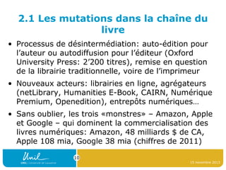 2.1 Les mutations dans la chaîne du
livre
• Processus de désintermédiation: auto-édition pour
l’auteur ou autodiffusion pour l’éditeur (Oxford
University Press: 2’200 titres), remise en question
de la librairie traditionnelle, voire de l’imprimeur
• Nouveaux acteurs: librairies en ligne, agrégateurs
(netLibrary, Humanities E-Book, CAIRN, Numérique
Premium, Openedition), entrepôts numériques…
• Sans oublier, les trois «monstres» – Amazon, Apple
et Google – qui dominent la commercialisation des
livres numériques: Amazon, 48 milliards $ de CA,
Apple 108 mia, Google 38 mia (chiffres de 2011)
10
15 novembre 2013

 