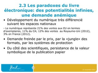 2.3 Les paradoxes du livre
électronique: des potentialités infinies,
une demande anémique
• Développement du numérique très différencié
suivant les espaces nationaux
- Le numérique représente 21% des ventes aux EU en termes
d’exemplaires, 11% du CA; 12% des ventes au Royaume-Uni (2012),
3% en France (2012).

• Demande freinée par le prix, par la «jungle» des
formats, par les systèmes de protection
• Du côté des scientifiques, persistance de la valeur
symbolique de la publication papier

12
15 novembre 2013

 