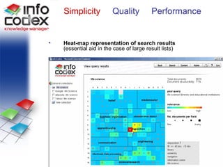 Heatmap Heat-map representation of search results  (essential aid in the case of large result lists) Simplicity  Quality  Performance 