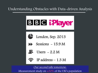 Users - 2.2 M
IP address – 1.3 M
Sessions - 15.9 M
London, Sep. 2013
Understanding Obstacles with Data-driven Analysis
 