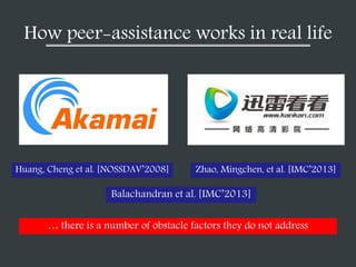 How peer-assistance works in real life
… there is a number of obstacle factors they do not address
Huang, Cheng et al. [NOSSDAV’2008] Zhao, Mingchen, et al. [IMC’2013]
Balachandran et al. [IMC’2013]
 