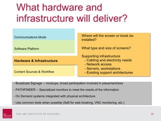 What hardware and infrastructure will deliver? - Broadcast Signage -- mockups, broad participation involved in placement/size - PATHFINDER -- Specialized monitors to meet the needs of the information - On Demand systems integrated with physical architecture  - Use common tools when possible (Saft for web kiosking, VNC monitoring, etc.) Communications Mode Software Platform Content Sources & Workflow 