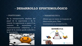 - DESARROLLO EPISTEMOLÓGICO
• POSITIVISMO:
Es la interpretación idealista del
papel de la experiencia y de la
ciencia; la experiencia es para él un
conjunto de sensaciones o
representaciones subjetivas, y el
papel de la ciencia queda reducido a
la descripción.
• HERMENEUTICA:
Afirma que no existe un lenguaje de
observación pura. Todo
conocimiento es interpretación.
 