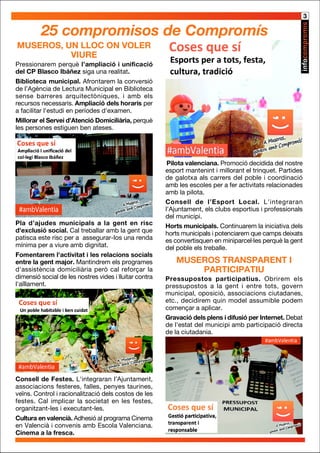 Pilota valenciana. Promoció decidida del nostre
esport mantenint i millorant el trinquet. Partides
de galotxa als carrers del poble i coordinació
amb les escoles per a fer activitats relacionades
amb la pilota.
Consell de l’Esport Local. L'integraran
l’Ajuntament, els clubs esportius i professionals
del municipi.
Horts municipals. Continuarem la iniciativa dels
horts municipals i potenciarem que camps deixats
es convertisquen en miniparcel·les perquè la gent
del poble els treballe.
MUSEROS TRANSPARENT I
PARTICIPATIU
Pressupostos participatius. Obrirem els
pressupostos a la gent i entre tots, govern
municipal, oposició, associacions ciutadanes,
etc., decidirem quin model assumible podem
començar a aplicar.
Gravació dels plens i difusió per Internet. Debat
de l'estat del municipi amb participació directa
de la ciutadania.
25 compromisos de Compromís
MUSEROS, UN LLOC ON VOLER
VIURE
Pressionarem perquè l’ampliació i unificació
del CP Blasco Ibáñez siga una realitat.
Biblioteca municipal. Afrontarem la conversió
de l’Agència de Lectura Municipal en Biblioteca
sense barreres arquitectòniques, i amb els
recursos necessaris. Ampliació dels horaris per
a facilitar l'estudi en períodes d'examen.
Millorar el Servei d’Atenció Domiciliària, perquè
les persones estiguen ben ateses.
Pla d’ajudes municipals a la gent en risc
d'exclusió social. Cal treballar amb la gent que
patisca este risc per a assegurar-los una renda
mínima per a viure amb dignitat.
Fomentarem l'activitat i les relacions socials
entre la gent major. Mantindrem els programes
d'assistència domiciliària però cal reforçar la
dimensió social de les nostres vides i lluitar contra
l'aïllament.
Consell de Festes. L'integraran l’Ajuntament,
associacions festeres, falles, penyes taurines,
veïns. Control i racionalització dels costos de les
festes. Cal implicar la societat en les festes,
organitzant-les i executant-les.
Cultura en valencià. Adhesió al programa Cinema
en Valencià i convenis amb Escola Valenciana.
Cinema a la fresca.
3
 