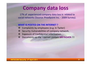 Company data loss
          17% of experienced company data loss is related to
        social networks (Source: Proofpoint Inc. - 2009 Survey).

        WHAT IS POSTED ON THE INTERNET ?
          Complaints by employees (e.g. In Twiter)
          Security Vulnerabilities of company network.
          Exposure of Confidential Information.
          Documents on the Internet contain METADATA !!!




INFOCOM Security 5th April 2011                                    20
 