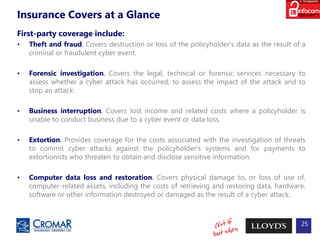 Insurance Covers at a Glance
First-party coverage include:
• Theft and fraud. Covers destruction or loss of the policyholder's data as the result of a
criminal or fraudulent cyber event.
• Forensic investigation. Covers the legal, technical or forensic services necessary to
assess whether a cyber attack has occurred, to assess the impact of the attack and to
stop an attack.
• Business interruption. Covers lost income and related costs where a policyholder is
unable to conduct business due to a cyber event or data loss.
• Extortion. Provides coverage for the costs associated with the investigation of threats
to commit cyber attacks against the policyholder's systems and for payments to
extortionists who threaten to obtain and disclose sensitive information.
• Computer data loss and restoration. Covers physical damage to, or loss of use of,
computer-related assets, including the costs of retrieving and restoring data, hardware,
software or other information destroyed or damaged as the result of a cyber attack.
25
 