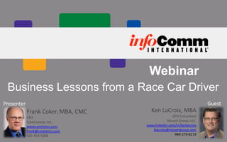 Webinar
Business Lessons from a Race Car Driver
Guest

Presenter

Frank Coker, MBA, CMC
CEO
CoreConnex, Inc.
www.corelytics.com
frank@corelytics.com
425-454-5006

Ken LaCroix, MBA
CFO Consultant
Moveri Group, LLC.
www.linkedin.com/in/kenlacroix
klacroix@moverigroup.com
949-279-8219

 