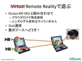 Infocom CORPORATION 2015
Virtual Remote Realityで遊ぶ
• Oculus Rift DK2 と組み合わせて
– ブラウザだけで簡易実現
– レンズひずみ変形はやっていません
• 2to1通信
• 展示ブースへどうぞ！
 